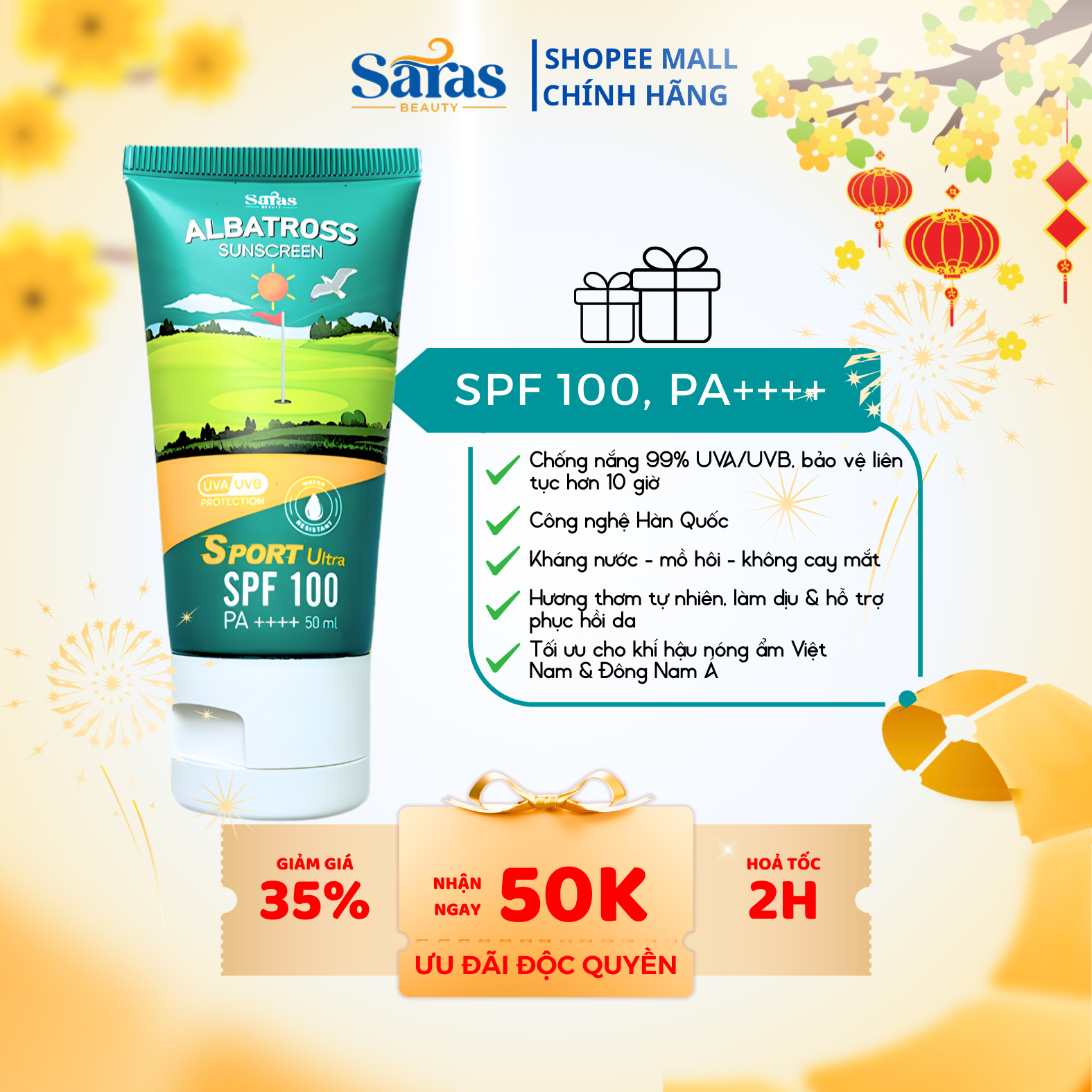 Kem chống nắng Albatross SPF 100 Saras Beauty bảo vệ da tối ưu dịp Tết