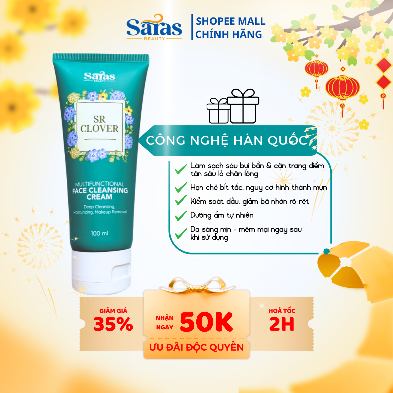 Sữa rửa mặt SR Clover Saras Beauty chính hãng giúp làm sạch sâu và dưỡng ẩm da ngày Tết