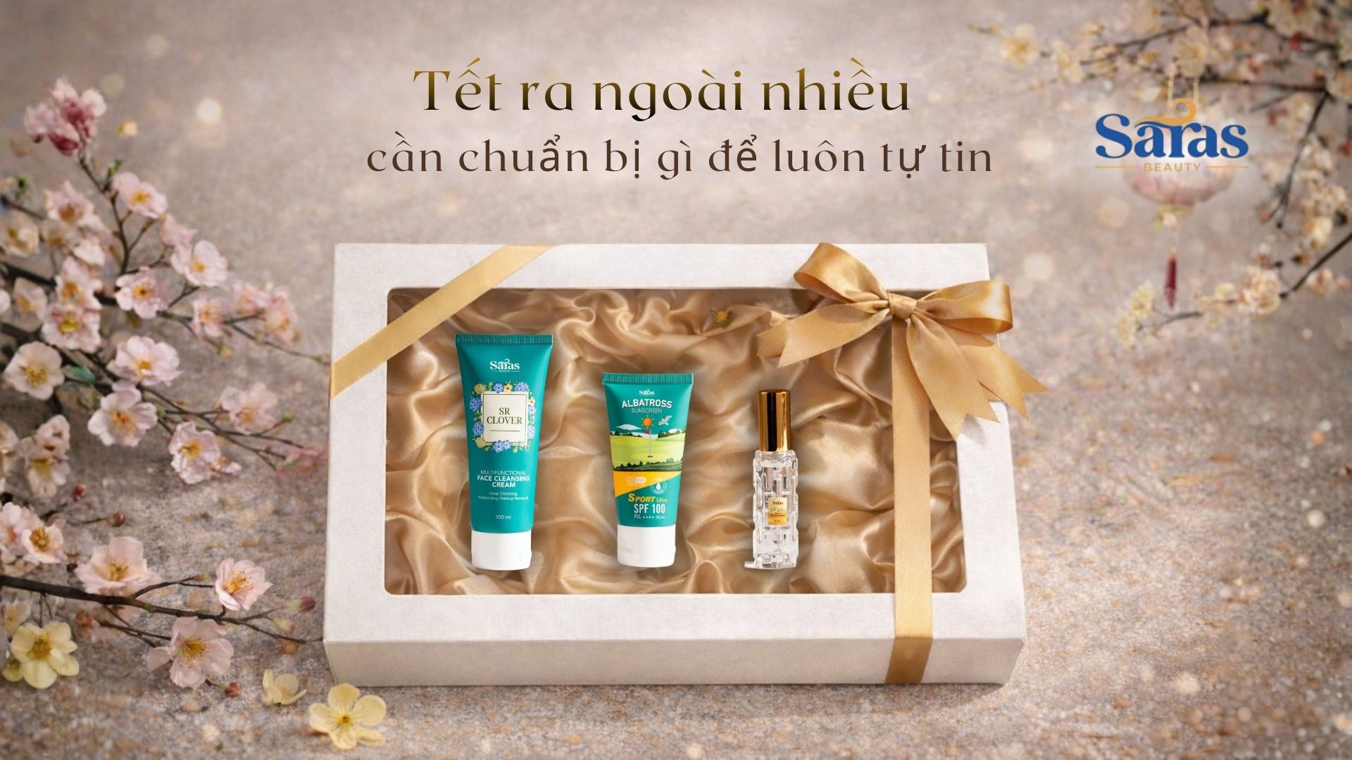 Hộp quà Tết Tươi Mới Cả Năm Saras gồm kem chống nắng sữa rửa mặt và nước hoa Helen