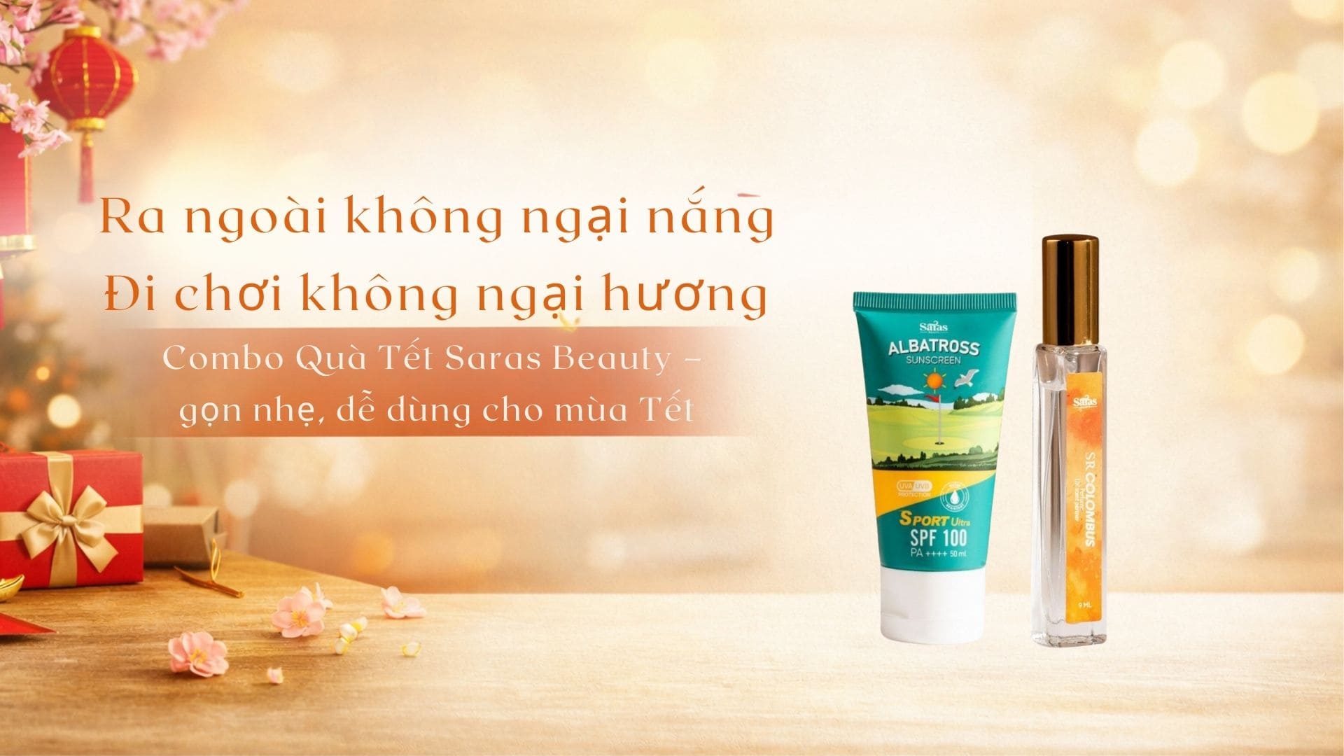 Combo quà Tết Saras Beauty gồm kem chống nắng Albatross và nước hoa Saras