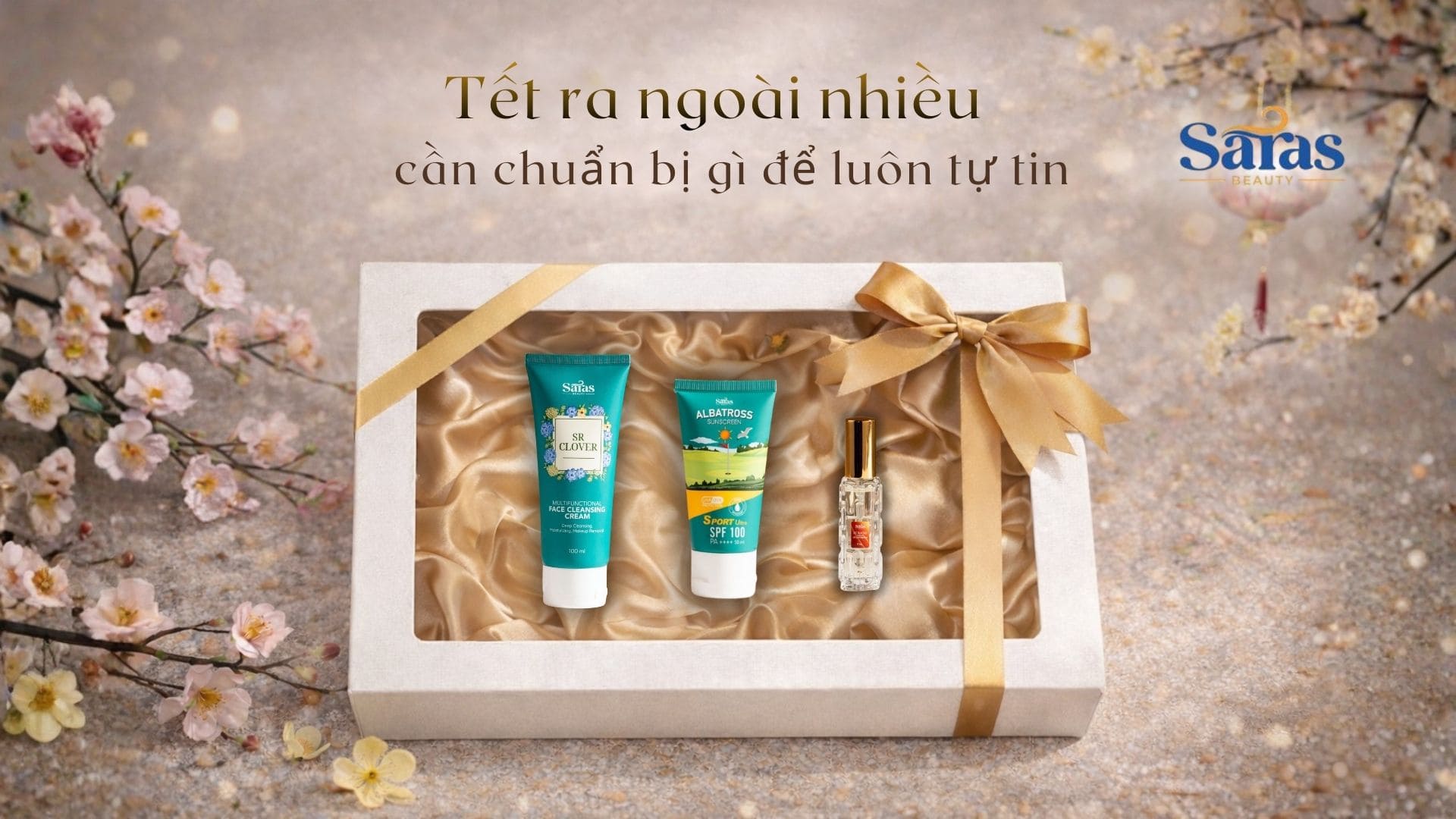 Combo quà Tết Saras Beauty trọn bộ sữa rửa mặt kem chống nắng và nước hoa