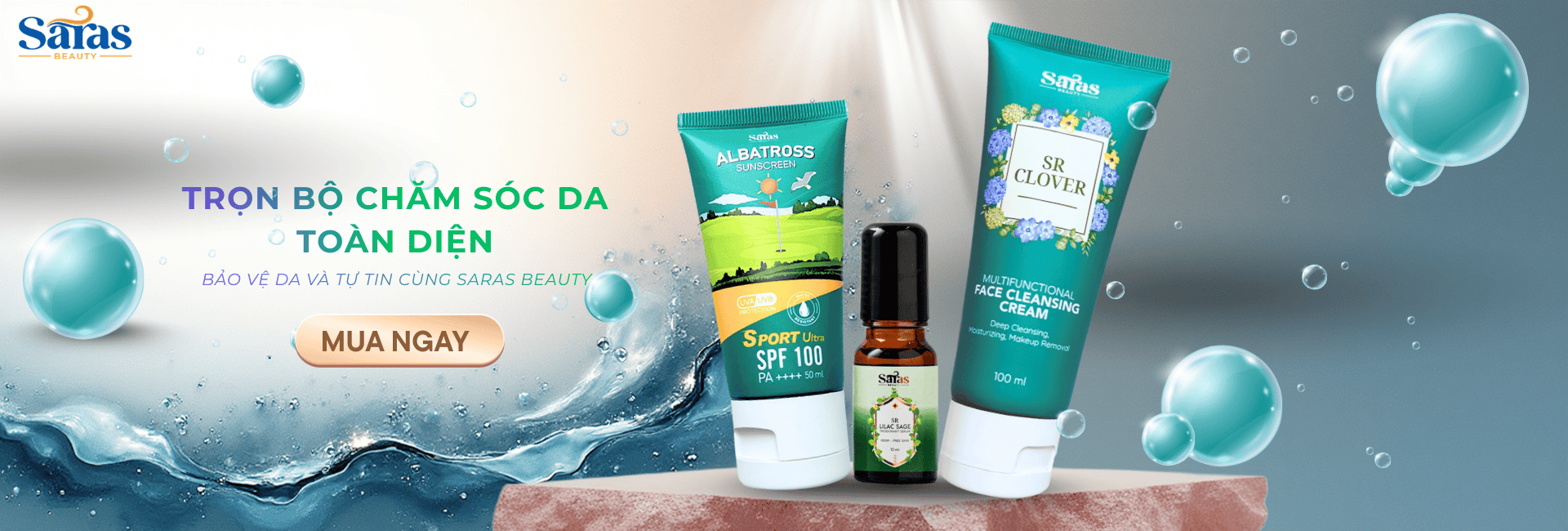 Trọn bộ chăm sóc da toàn diện Saras Beauty gồm kem chống nắng Albatross SPF 100 và sữa rửa mặt SR Clover