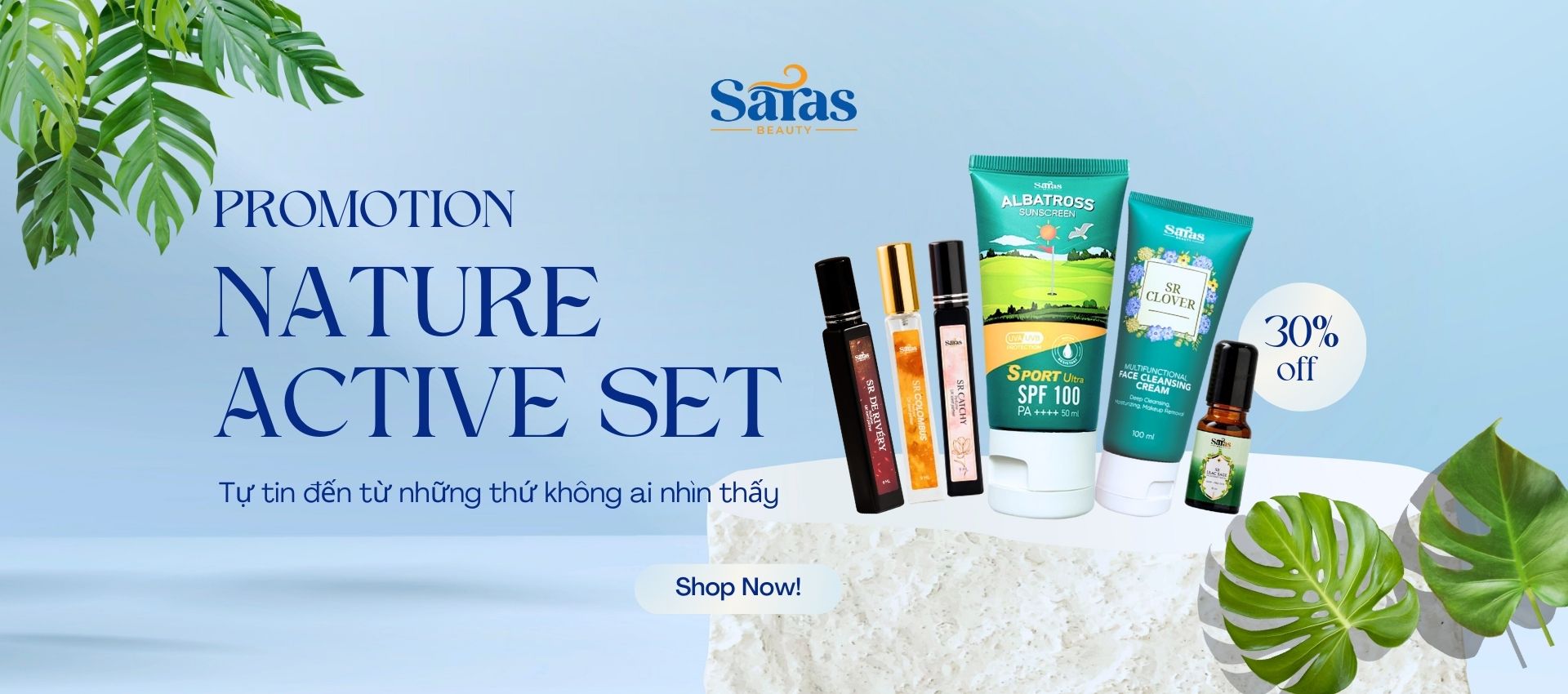 Combo Nature Active Set Saras Beauty chăm sóc da và nước hoa thiên nhiên, chống nắng SPF100 cho người năng động