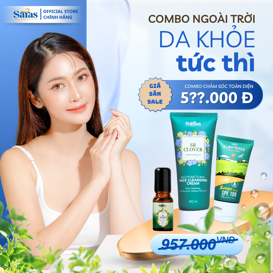 Combo Outdoor | Ra mồ hôi vẫn thơm – da vẫn khỏe Bộ 3 Saras Beauty Sữa rửa mặt + kem chống nắng + serum khử mùi