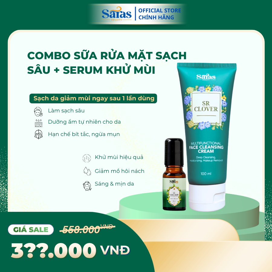 [COMBO ƯU ĐÃI] Combo Sạch da giảm mùi ngay sau 1 lần dùng  |  Sữa Rửa Mặt SR Clover đa năng làm sạch sâu & Serum khử mùi SR Lilac giảm mồ hôi, dưỡng sáng và lưu hương tự nhiên