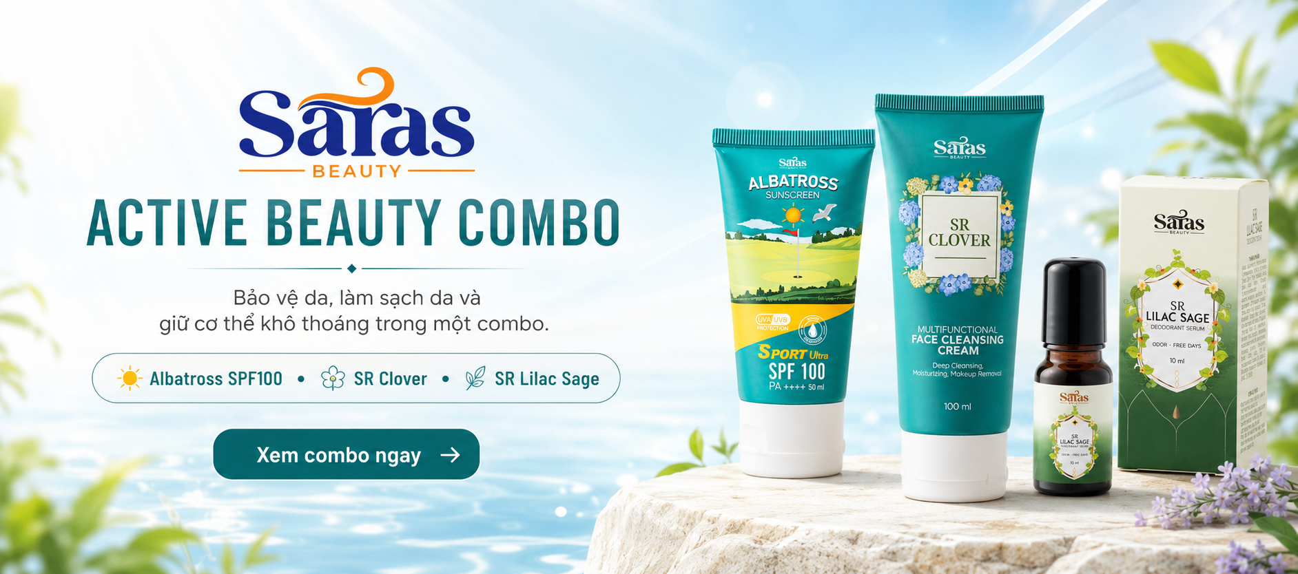 Combo Active Beauty Saras Beauty gồm kem chống nắng Albatross sữa rửa mặt SR Clover và serum khử mùi SR Lilac Sage