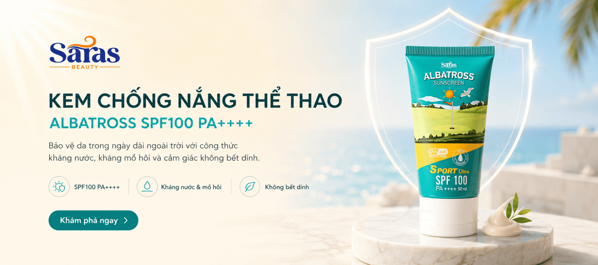 Kem chống nắng thể thao Albatross SPF100 PA++++ của Saras Beauty giúp bảo vệ da khi chơi golf, chạy bộ và các hoạt động ngoài trời.
